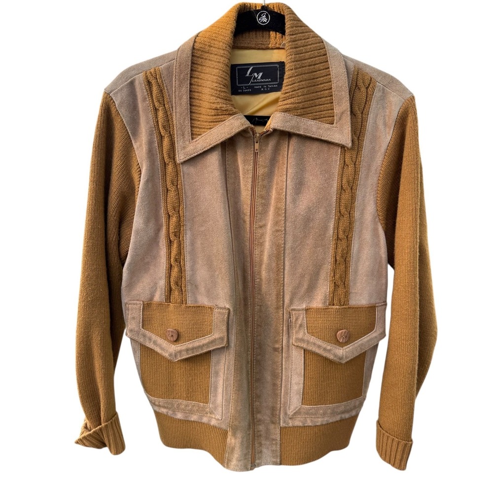 Vintage Landmark Leather Knit Jacket Tan Brown Mixed Media Zip Front Large